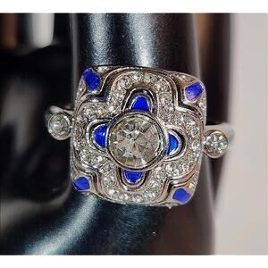 Beautiful Art Deco-Style Silver-Tone Blue/Clear Stones, Square, Fashion - Sz. 8
